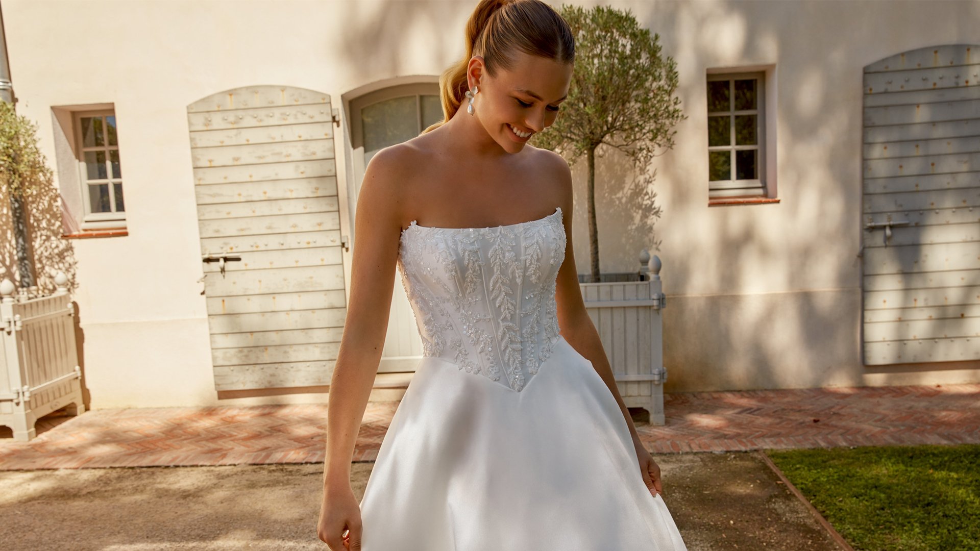 Sincerity Bridal Style 44596 Strapless Cateye Mikado Ball Gown with Beaded Bodice Appliqué