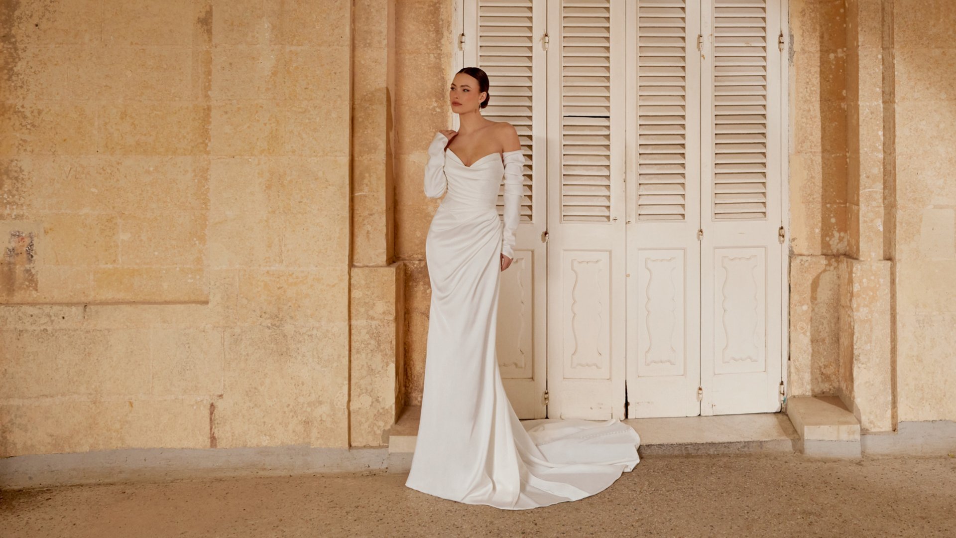 Sincerity Bridal Style 44600 Charmeuse Fit and Flare Dress with Pointed Sweetheart Strapless Neckline and Pleated Bodice and Skirt