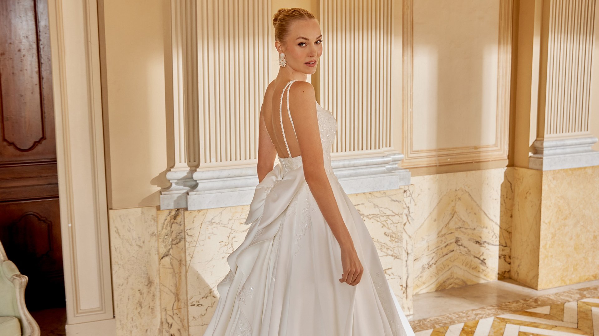 Sincerity Bridal Style 44613 Satin Ball Gown with Plunging Bikini Neckline and Floral Lace Appliqués