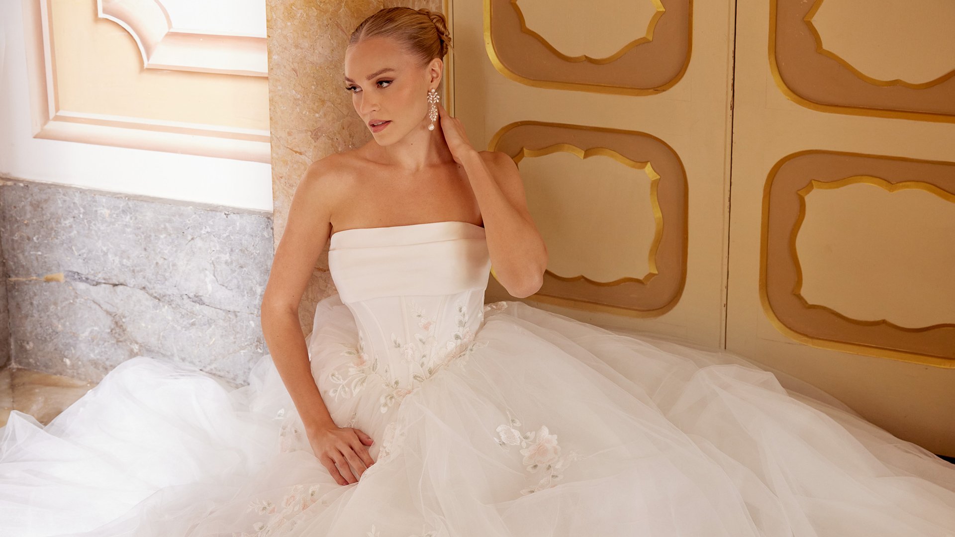 Sincerity Bridal Style 44627 Tulle Ball Gown with Strapless Cuff Neckline and Mikado Corset Bodice