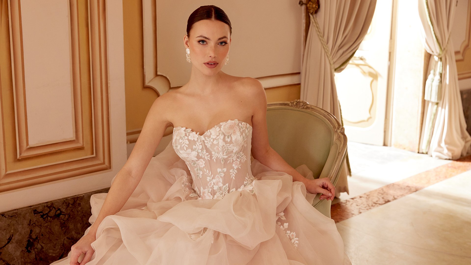 Sincerity Bridal Style 44629 Organza Ball Gown with Pink and Green Lace Appliqués and Pick-Up Skirt