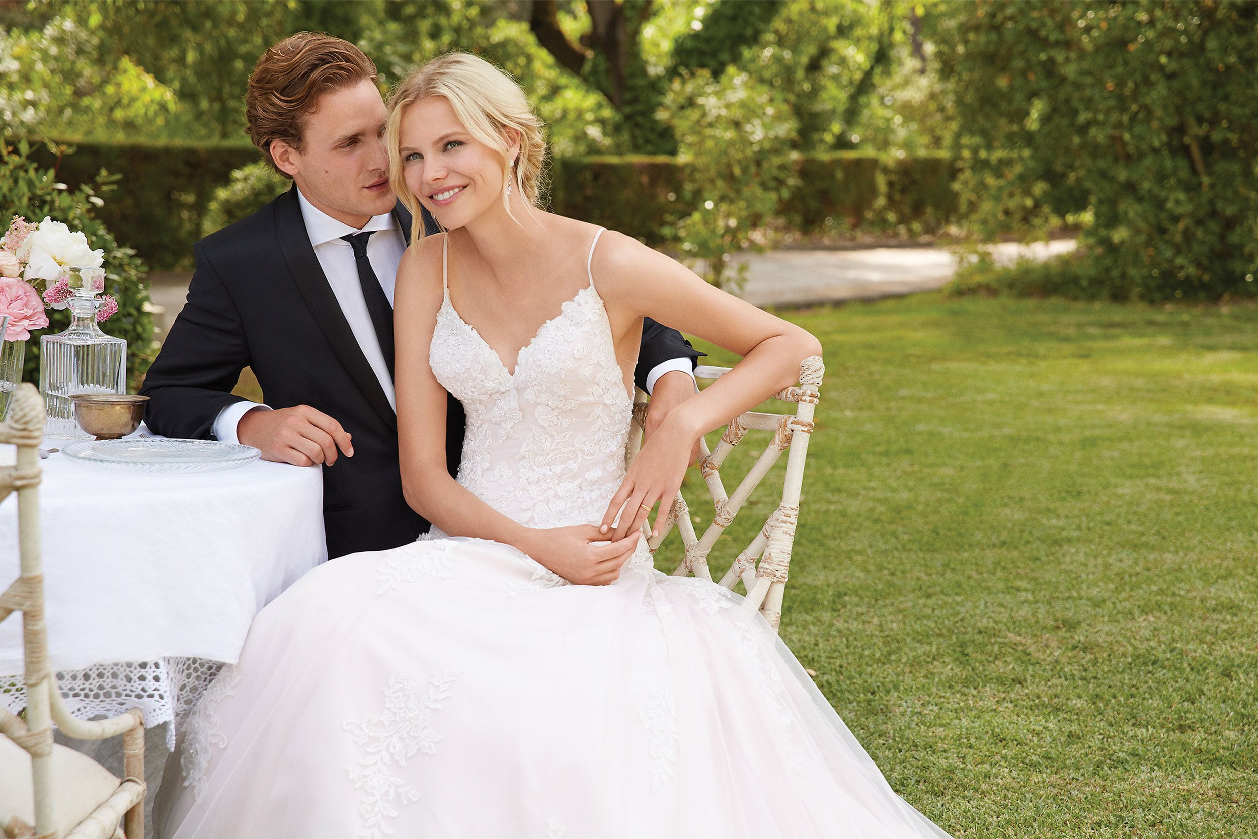Sincerity style 44091 A-Line Dress with Beaded Lace Appliques and Chapel Train