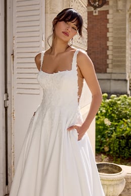 Adore by Justin Alexander Style 11435 Madeline Satin A-Line Gown with Square Neckline and Beaded Lace Appliqués