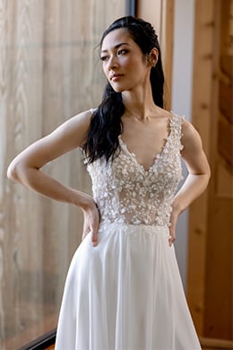 Adore by Justin Alexander Style 11416 Meadow A-Line Gown with Beaded & Sequined Lace V-Neckline Bodice and Chiffon Skirt