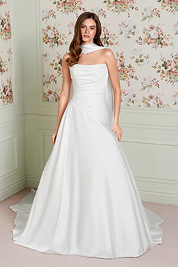 Adore by Justin Alexander Style 11457 Louella Charmeuse A-Line Bridal Gown with Ruched Bodice and Asymmetrical Waistline