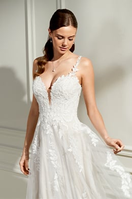 Adore by Justin Alexander Style 11473 Tillie Chantilly Lace A-Line Bridal Gown with Plunging Bikini Neckline and Lace Appliqués