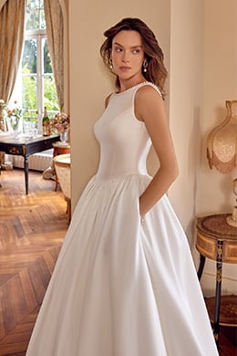 Justin Alexander Style 88504 MCKENNA Mikado Ball Gown with Pearl Trim Sabrina Neckline and Low V-Back