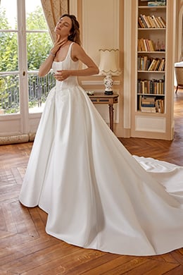Justin Alexander Style 88516 MARLEY Stretch Mikado Fit and Flare Gown with Corded Lace Appliqués on Bodice