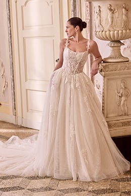 Justin Alexander Style 88487 LAURA Sparkling Lace Ball Gown with Basque Waistline and Pockets