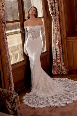 Justin Alexander Style 88561 Nicoletta Allover Corded Lace Fit and Flare Gown with Long Sleeves and Sheer Bodice with Demicups