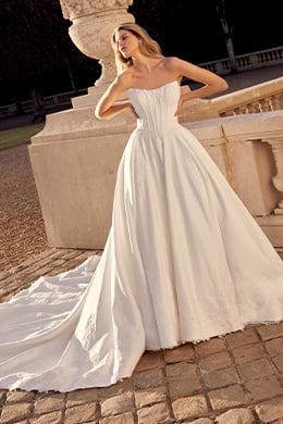 Justin Alexander Style 88551 Nolan Satin Ball Gown with Cat Eye Neckline, Corset Bodice, and Exposed Boning