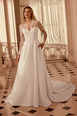 Justin Alexander Style 88537 Nadia Satin A-Line Gown with Corded Alençon Lace Bodice with V-Neckline and Long Sleeves