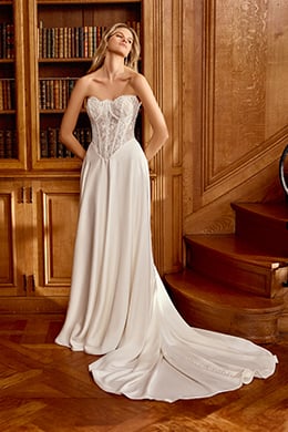 Justin Alexander Style 88540 Noa Charmeuse A-Line Dress with Corded Alençon Lace Sheer Bodice and Basque Waistline