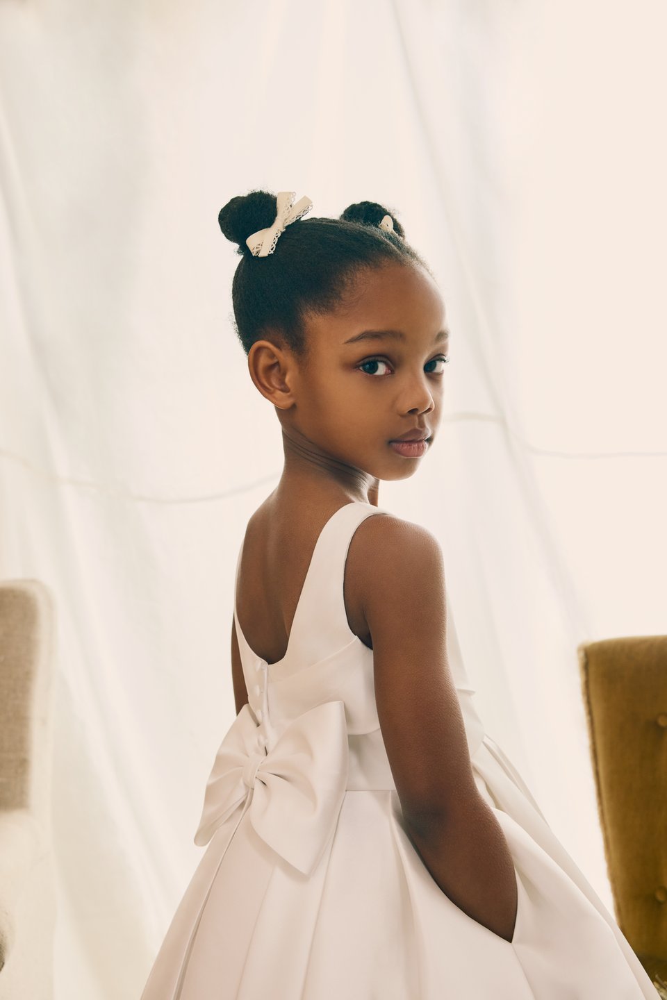 Fable by Justin Alexander Style FG001 Elle Mikado Tea Length Ball Gown with Sabrina Neckline, Pockets, and Bow at Back Waistline
