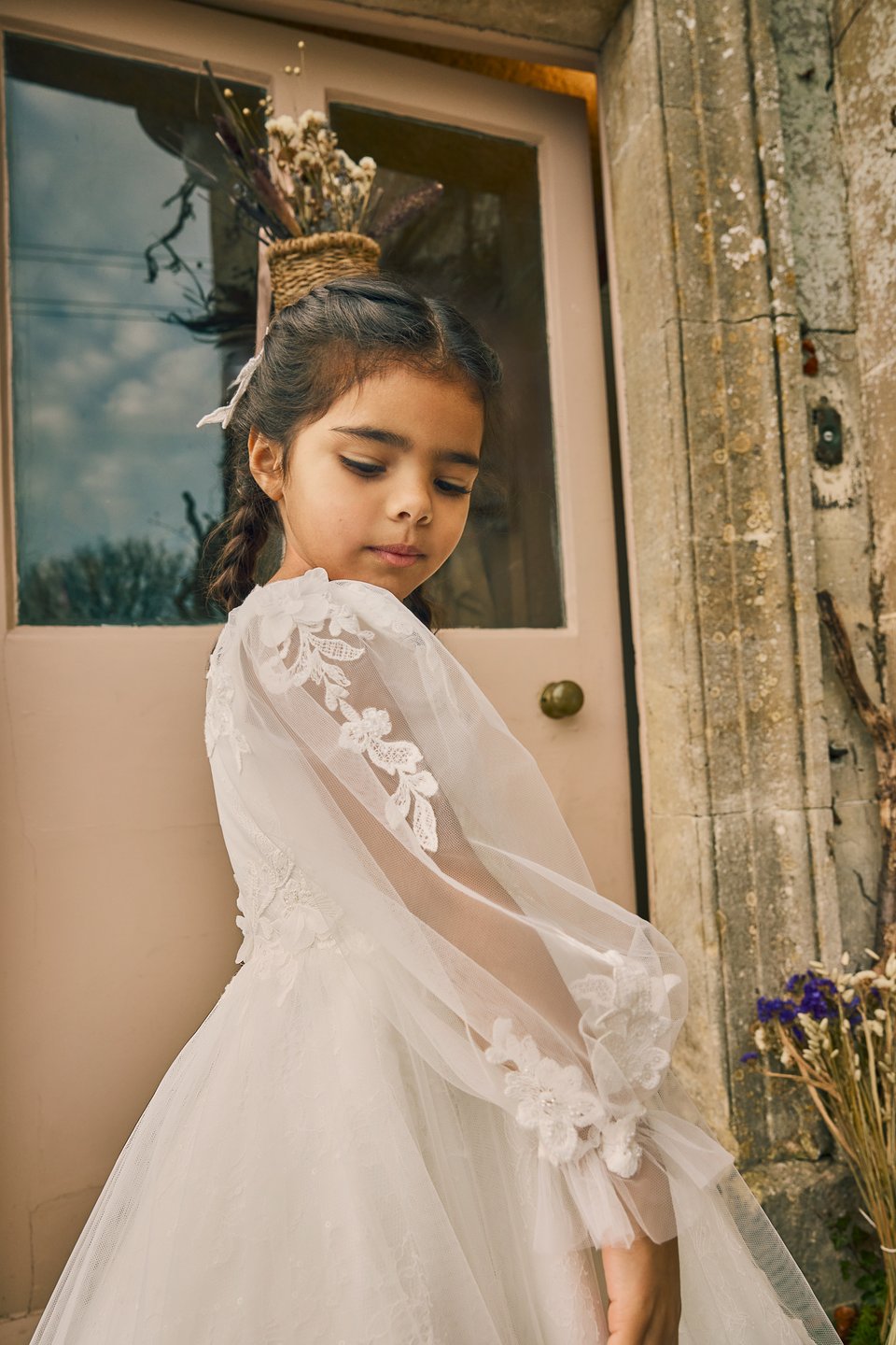 Fable by Justin Alexander Style FG010 Tabitha Lace Tea Length A-Line Dress with Lace Appliqués on Neckline and Waist