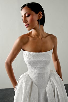 Justin Alexander Signature Style 99388 ROMELLE Floral Brocade Ball Gown with Squared Basque Waist and Waterfall Skirt