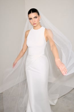 Justin Alexander Signature Style 99355 ISOLDE Mikado Fit and Flare Gown with High Jewel Neckline and Keyhole Back