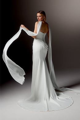 Justin Alexander Signature Style 99413 LUCIDA Clean Silky Crepe Fit and Flare Gown with Strapless Arched Neckline and Asymmetrical Waistline