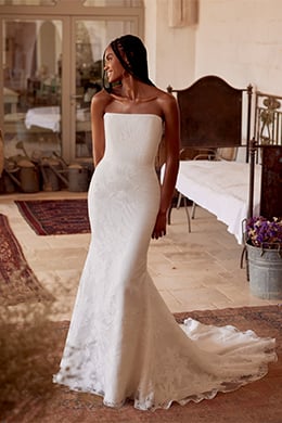 Lillian West Style 66381 Strapless Organza Jacquard Fit and Flare with Chapel Length Train
