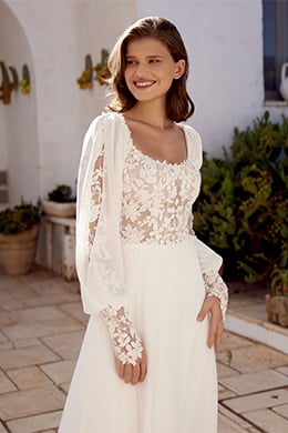 Lillian West Style 66391 Chiffon A-Line with Scoop Neckline and Matte Lace Appliqués