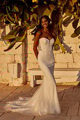 Lillian West Style 66385 Chantilly Lace Fit and Flare with Notch Neckline and Lace Up Back