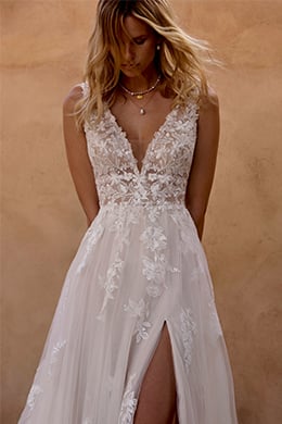 Lillian West Style 66464 Tulle A-Line Gown with Plunging Neckline and Sparkling Lace Appliqués