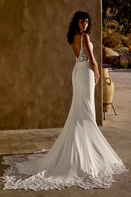 Lillian West Style 66447 Crepe Fit & Flare Gown with Draped Bikini Neckline and Lace Appliqués