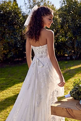 Lillian West Style 66432 Allover Chantilly Lace A-Line Gown with Sheer Bodice & Lace Appliqués