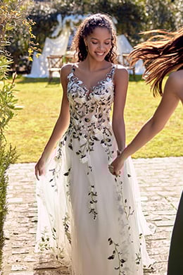 Lillian West Style 66437 Tulle A-Line Gown with Illusion Sabrina Neckline and Green Appliqués
