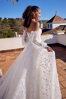 Lillian West Style 66413 A-Line Gown with Peekaboo Lace Detail and Allover Embroidered Lace