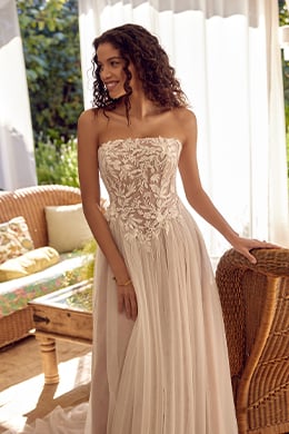 Lillian West Style 66430 Tulle A-Line with 3D Appliqués and Basque Waist with Lace Up Details