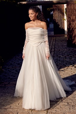 Lillian West Style 66435 Faux Two-Piece A-Line Gown with Crepe Bodice and English Net Skirt