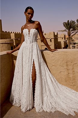 Lillian West Style 66494 Mate Allover Lace A-Line Gown with Strapless Notch Neckline and Eyelash Trim Details