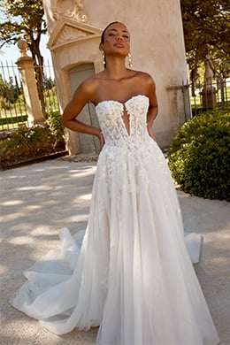Sincerity Bridal Style 44593 Strapless Tulle Gown with Beaded Lace and Basque Waistline