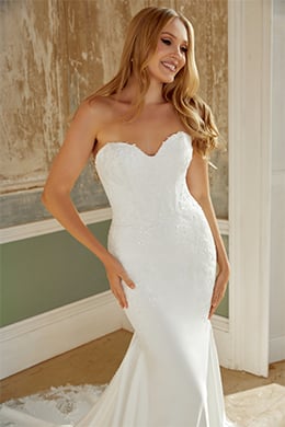 Sincerity Bridal Style 44537 Stretch Crepe Fit and Flare Gown with Lace Appliqués and Cut Out Train