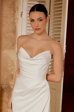 Sincerity Bridal Style 44600 Charmeuse Fit and Flare Dress with Pointed Sweetheart Strapless Neckline and Pleated Bodice and Skirt