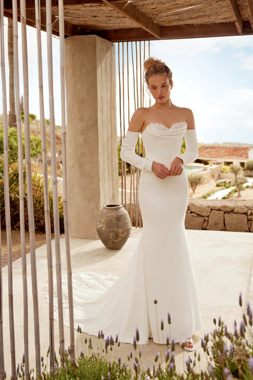 Lillian West Style 66357 Crepe Fit and Flare Gown with Peek-A-Boo Lace at Sweetheart Neckline