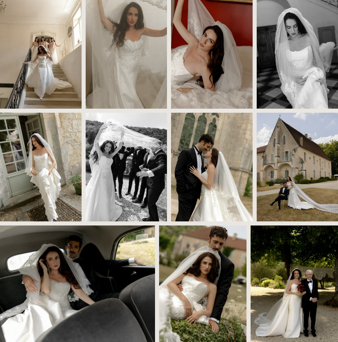Léanne Ansar wearing Justin Alexander Signature DICKINSON mermaid wedding dress at Abbaye de Reigny, Burgundy, as featured in Vogue France