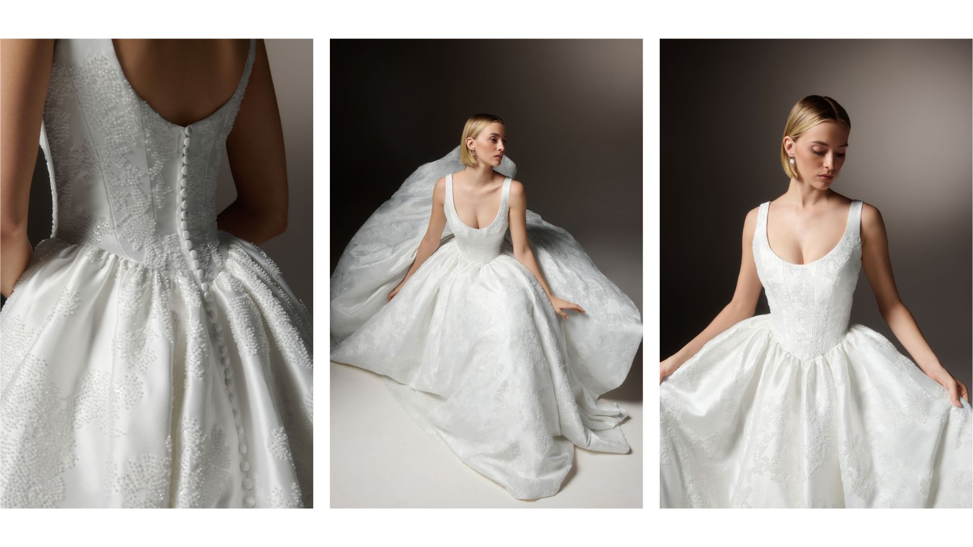 Justin Alexander Signature Style 99427 SERATA Allover Beaded Mikado Ball Gown with Scoop Neckline, Basque Waistline, and Pockets
