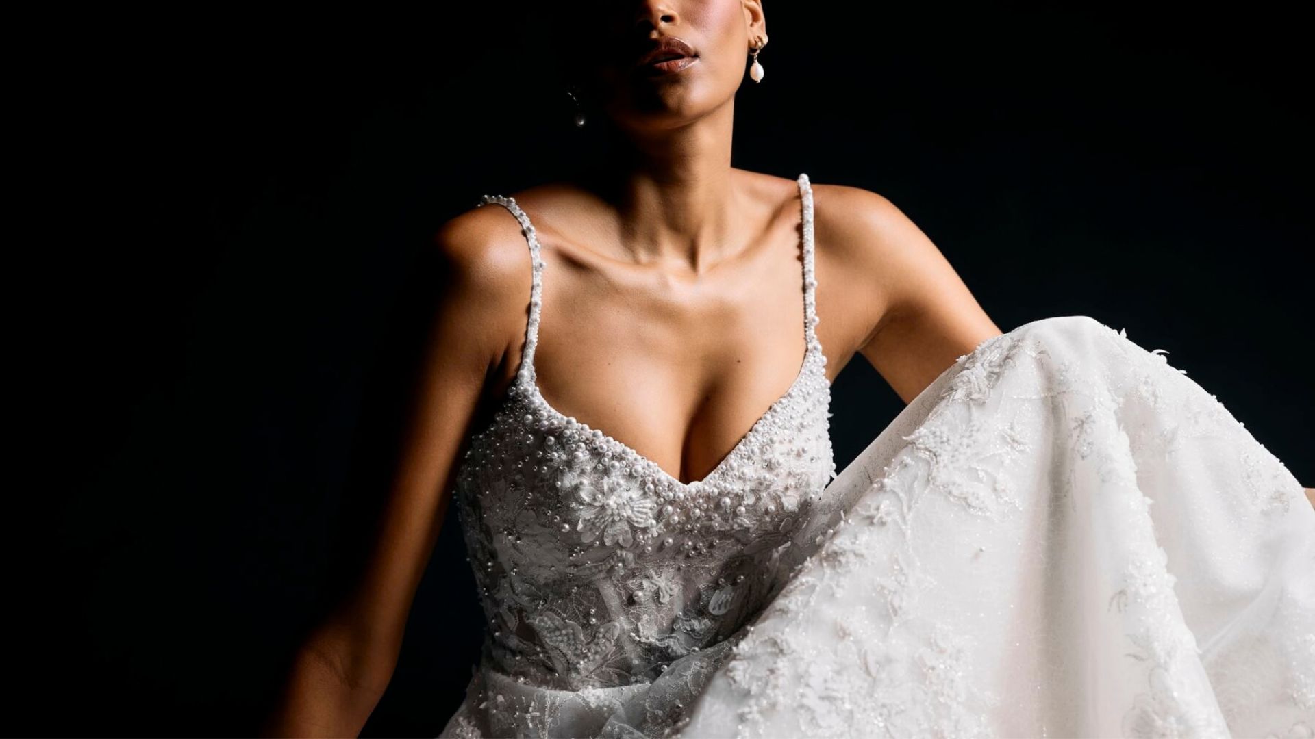 Justin Alexander Signature Style 99337 NOCTURNA Allover Sparkle A-Line Gown with Bikini Neckline and Basque Waist