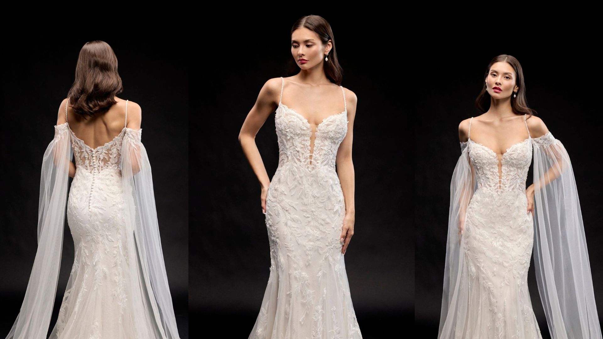 Justin Alexander Signature Style 99339 LILITH Lace Fit and Flare Gown with Plunging Neckline and Scallop Lace Train