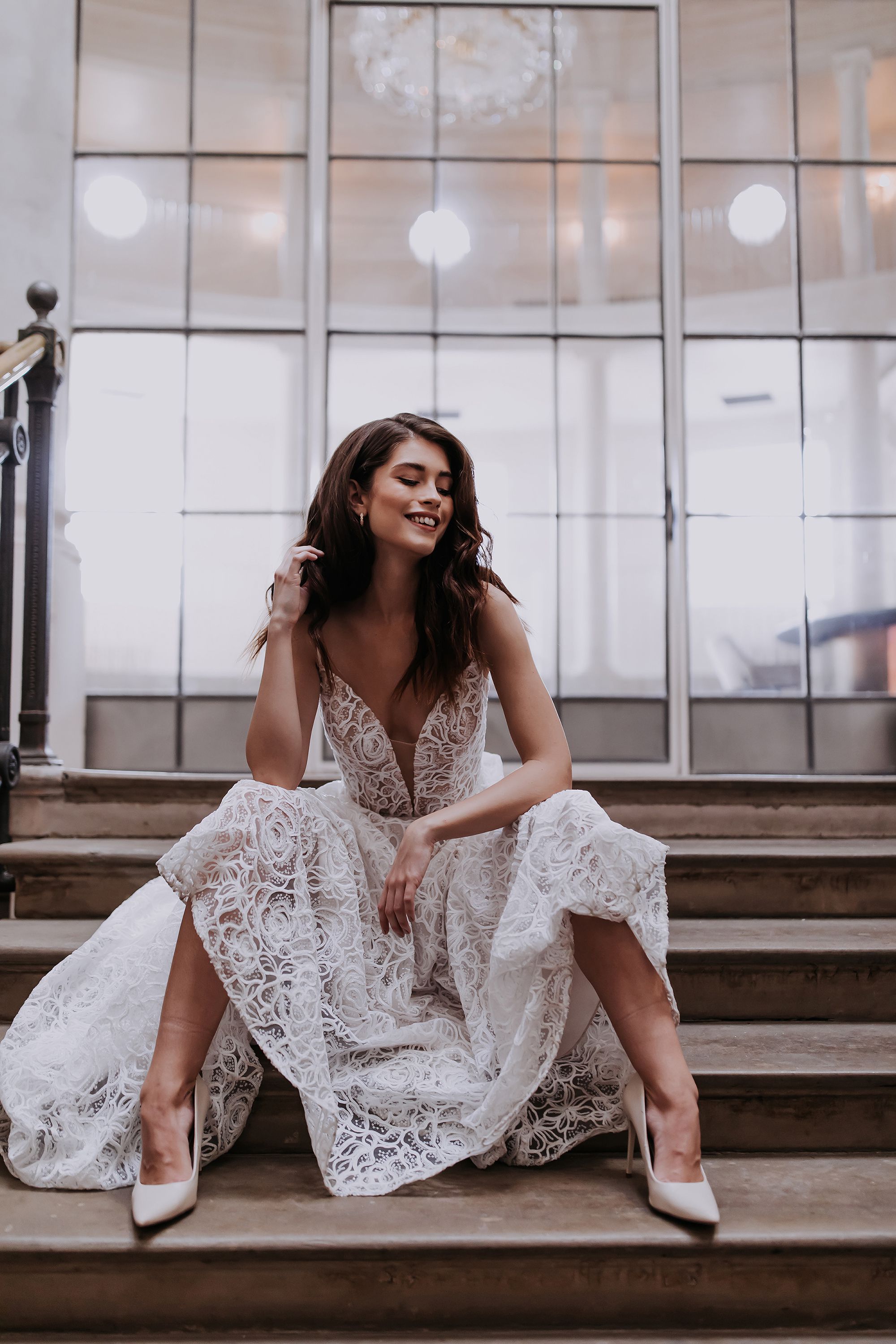 Adore by Justin Alexander Style 11220 Zinedine Soft Floral Motif A-Line Gown with Plunging Bikini Neckline