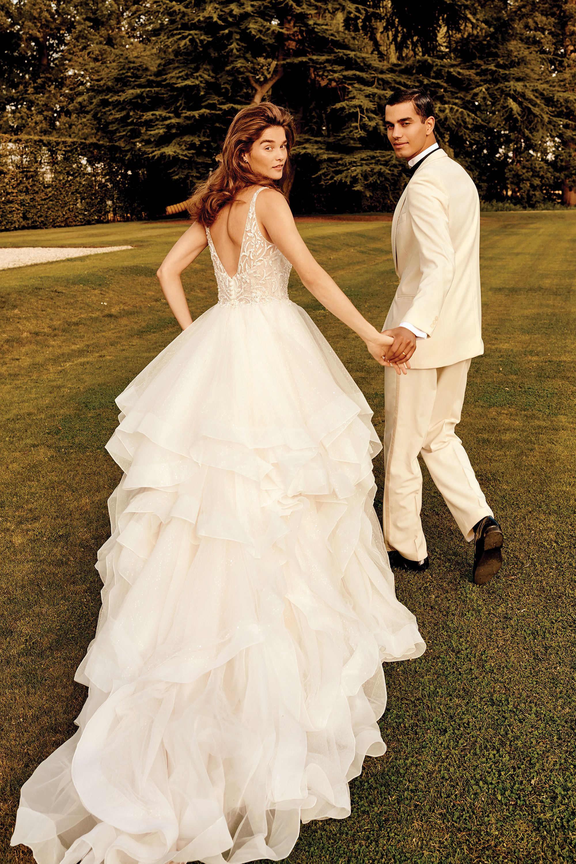 Carissa: Glitter Tulle Ball Gown with Ruffle Skirt and Plunging V ...