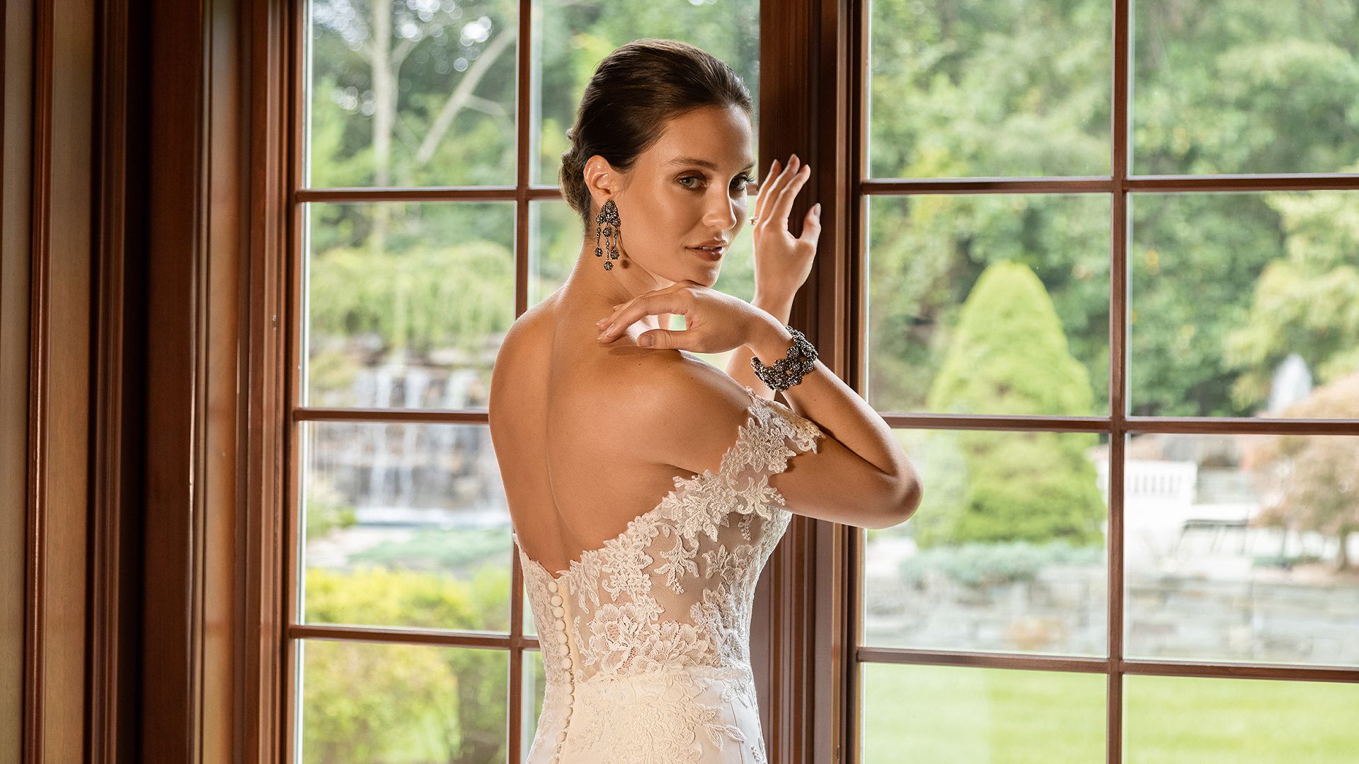 Justin Alexander Style 88260 Elyana Crepe and Lace Fit and Flare Dress with Illusion Scalloped Train
