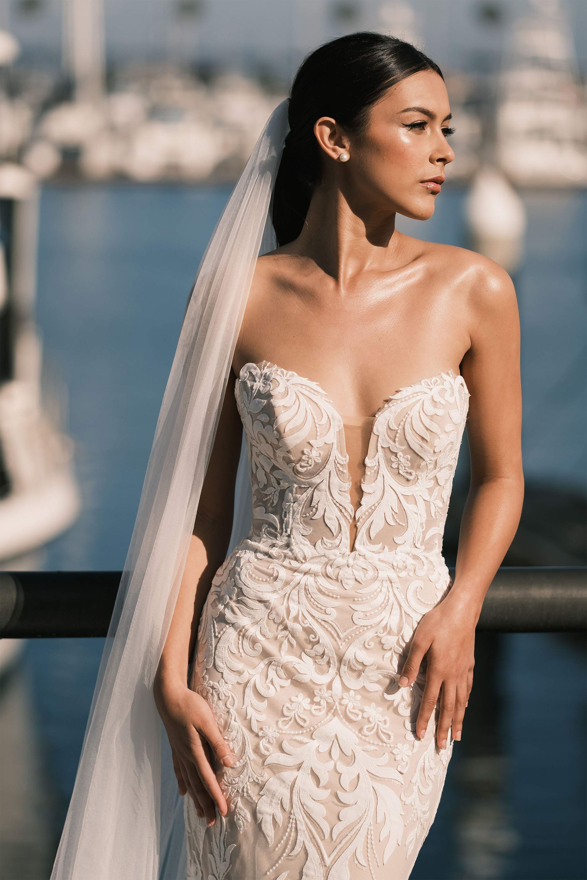 Justin Alexander Style 88278 Esme Strapless Fit and Flare Dress with Laser Cut Crepe Appliqués