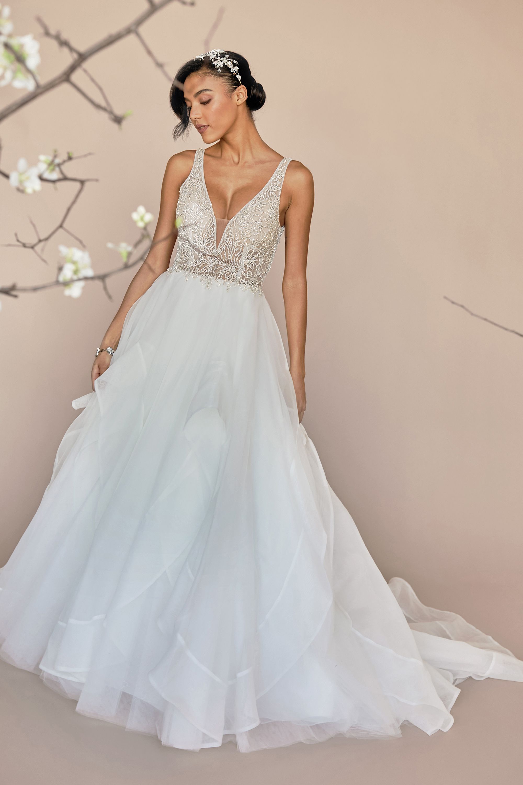 Justin Alexander Style 88253 Dallas Beaded Illusion Bodice Ball Gown with Organza Ruffle Skirt