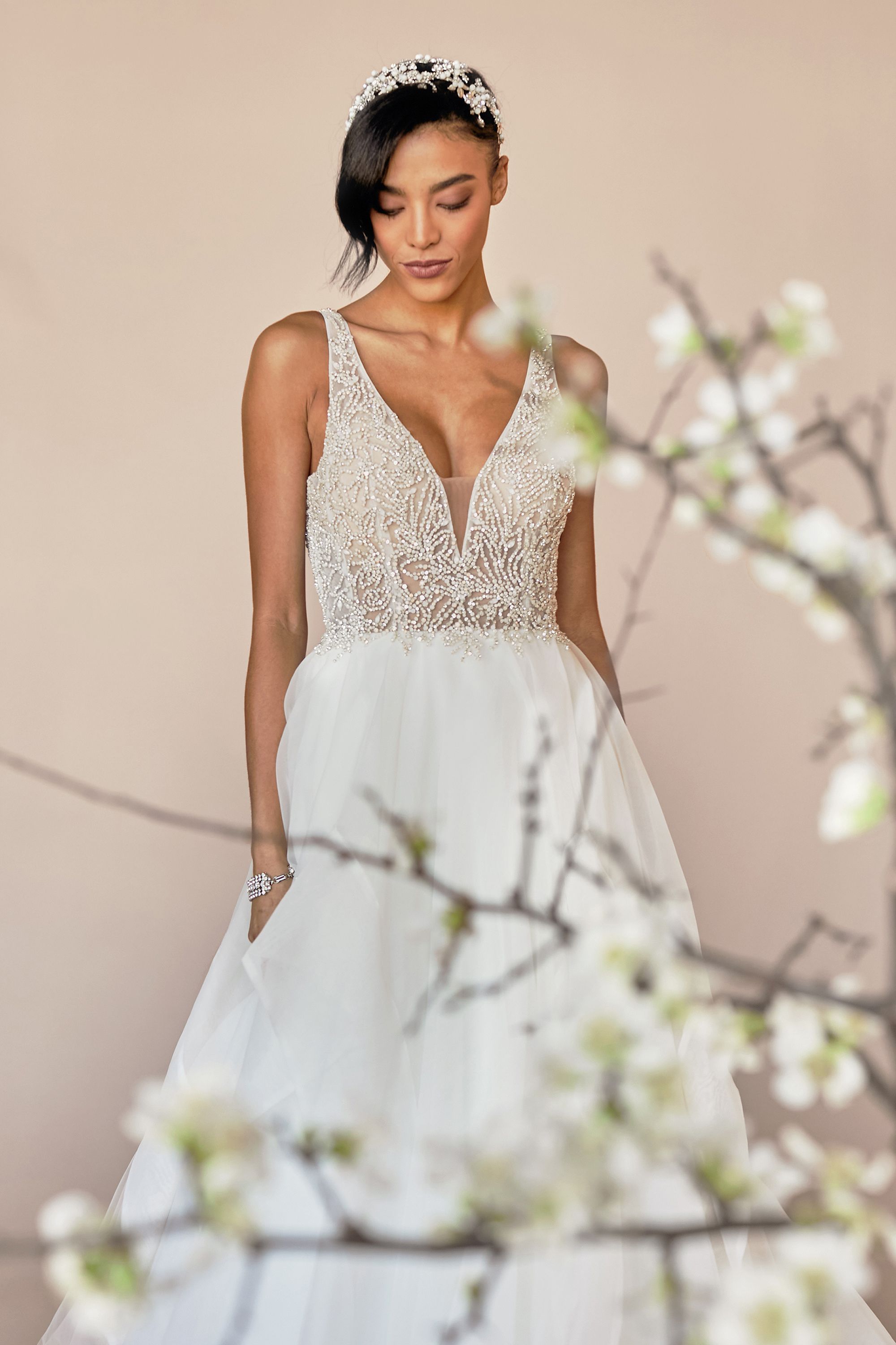 Justin Alexander Style 88253 Dallas Beaded Illusion Bodice Ball Gown with Organza Ruffle Skirt