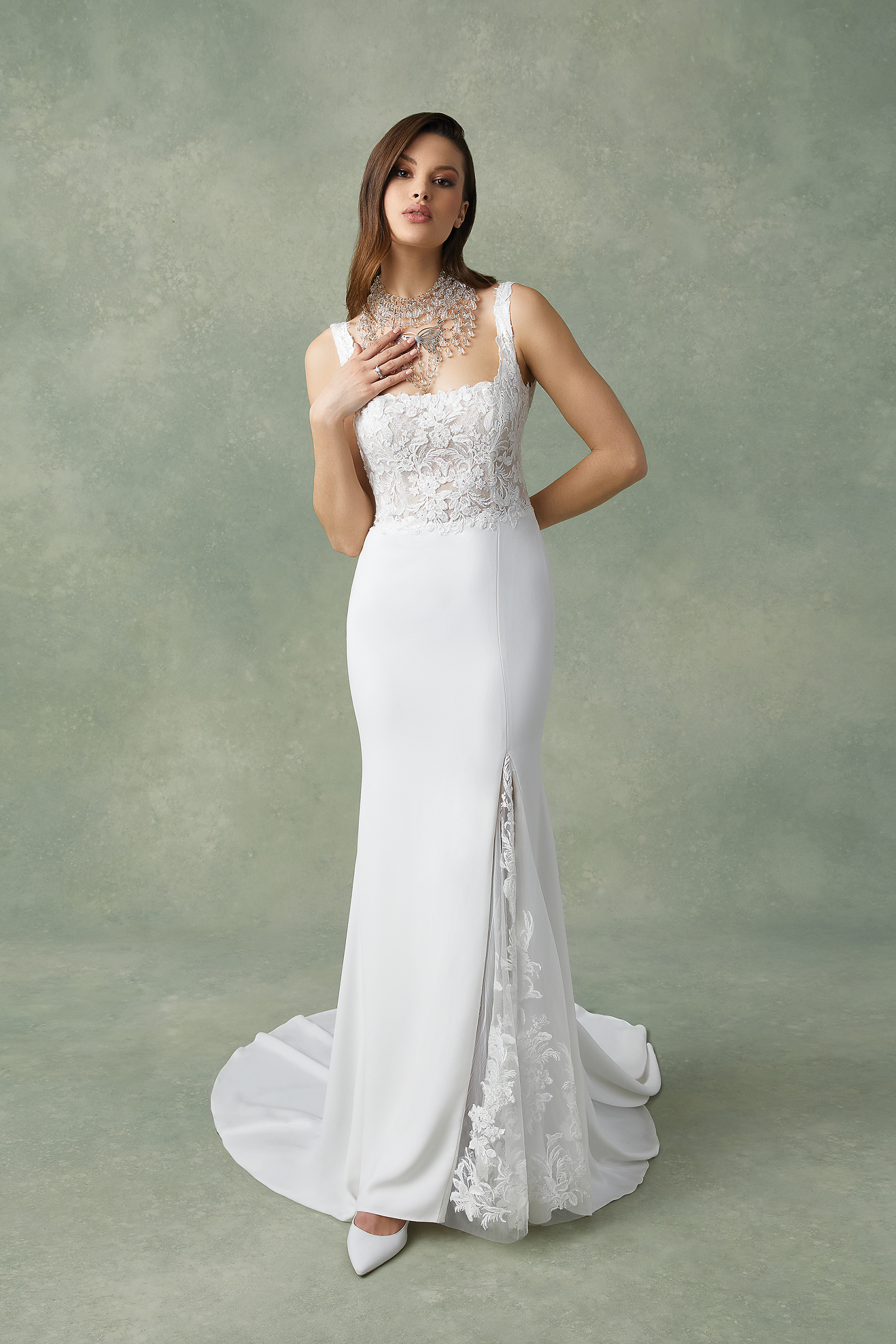 Justin Alexander Style 88297 Florien Lace and Crepe Fit and Flare Dress with Square Neckline and Slit
