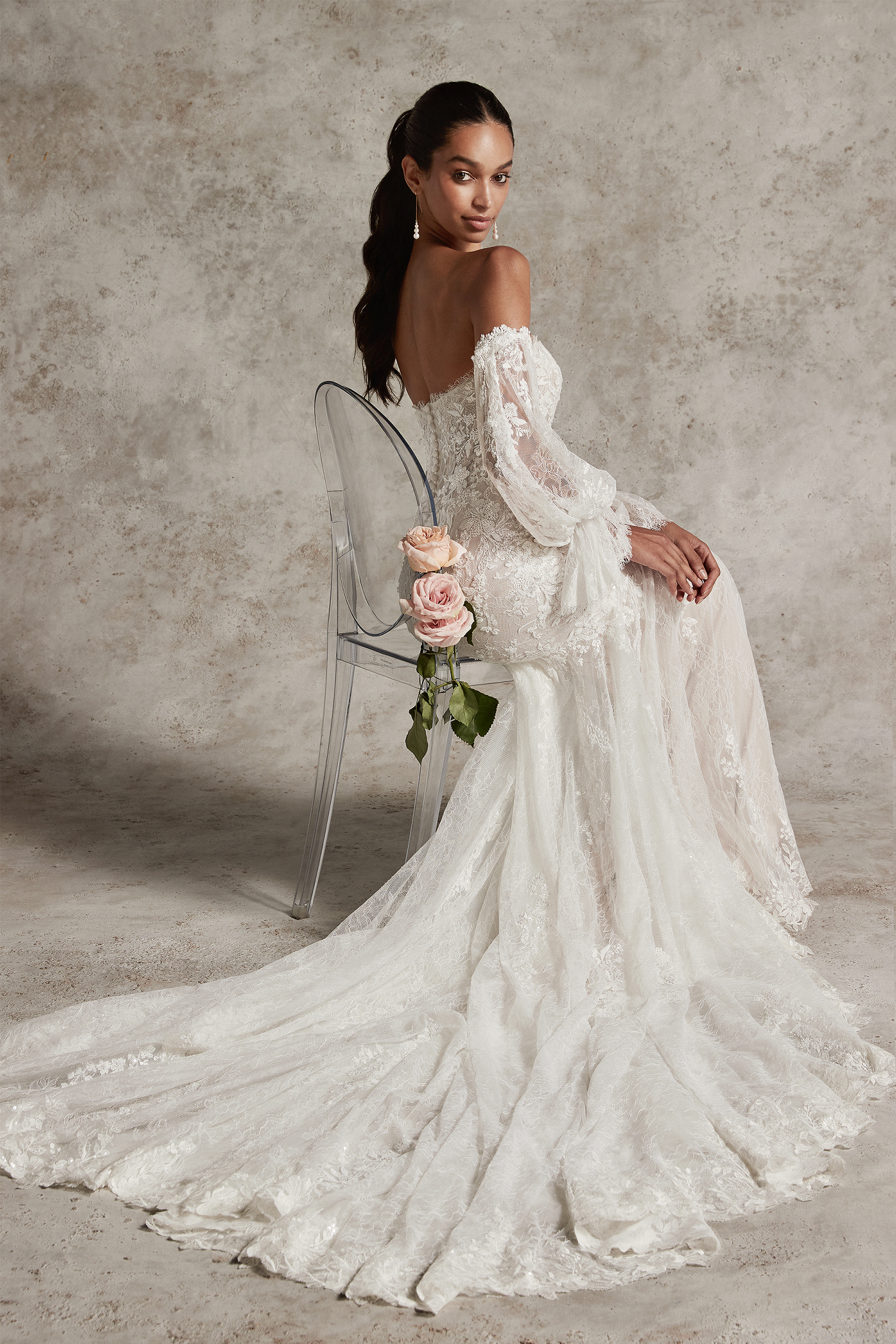 Justin Alexander Signature Style 99308 YAREN Chantilly Lace Fit and Flare Wedding Gown with Sheer Bodice