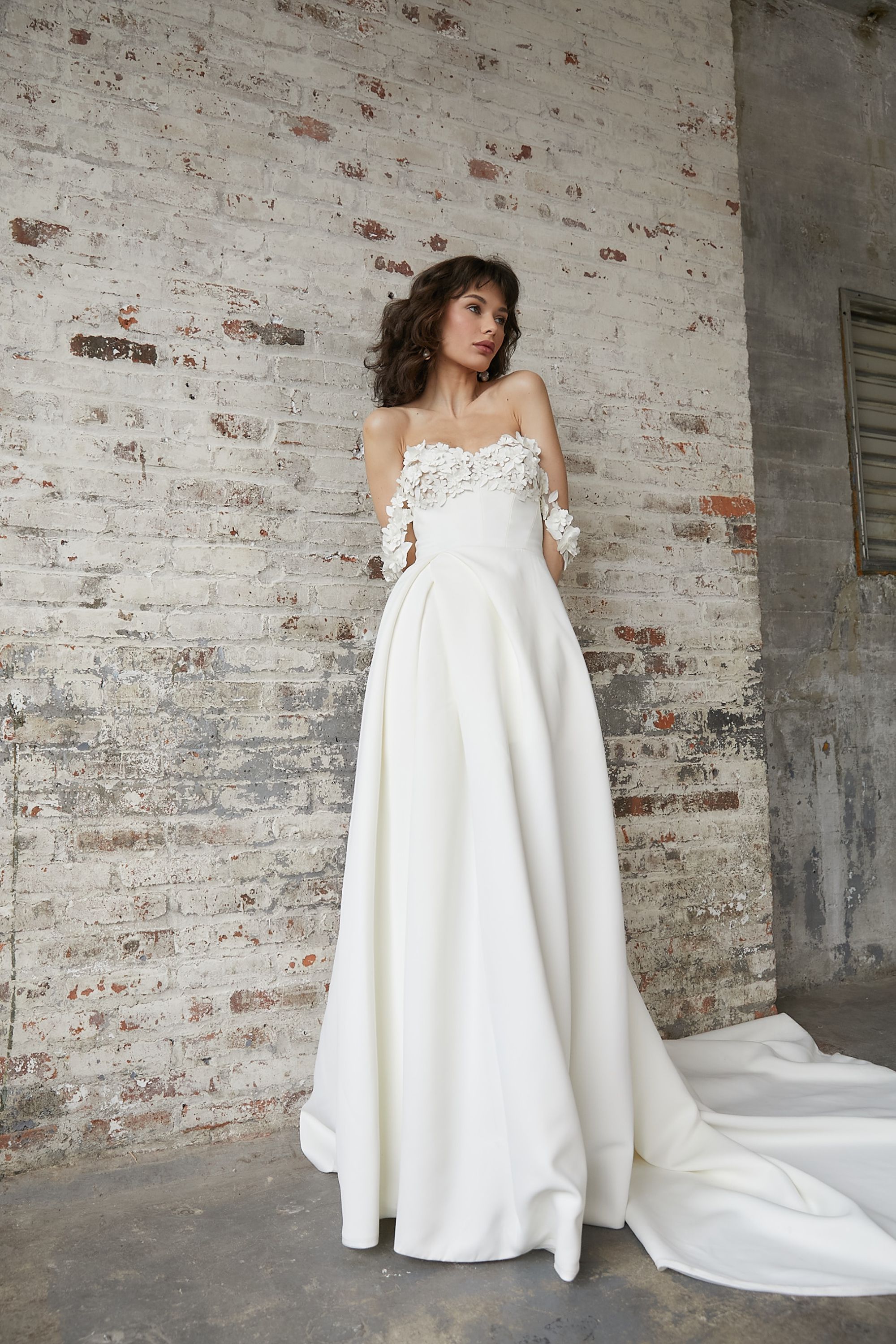 Justin Alexander Signature Style 99233 Bobbie Satin A-Line Wedding Gown with 3D Laser Cut Flowers and Slit